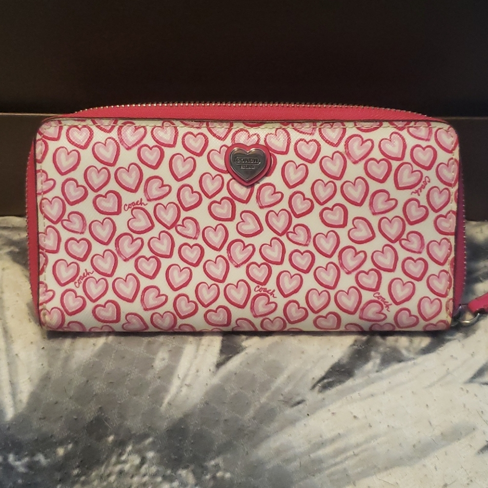 Coach Pink & White Heart Zip Around Wallet